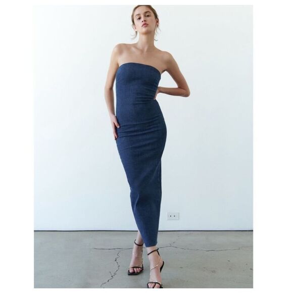 Zara Blogger Favorite Viral Denim Back Zip Strapless Bodycon Midi Dress Small - Picture 1 of 16